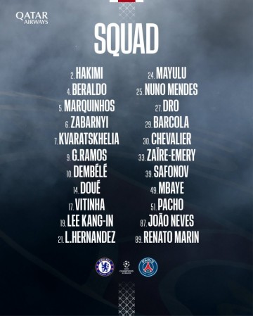 168体育手机网页版登录入口-巴黎对阵切尔西次回合名单：登贝莱、内维斯、杜埃、K77在列